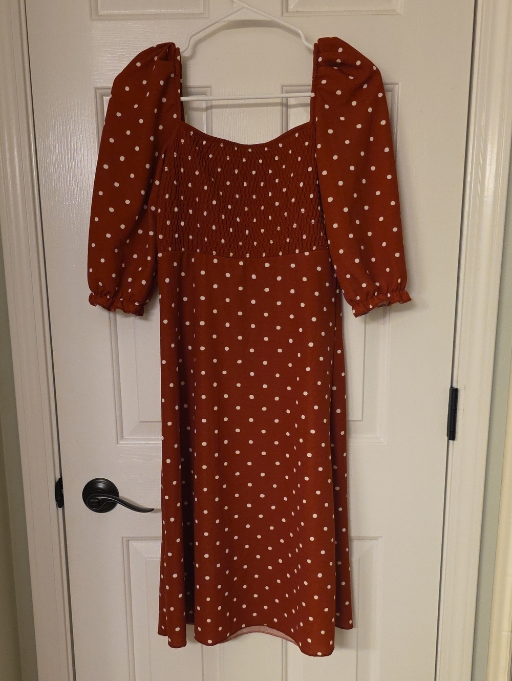 Lark & Grey Rust Polka Dot Puff-Sleeve Midi Dress